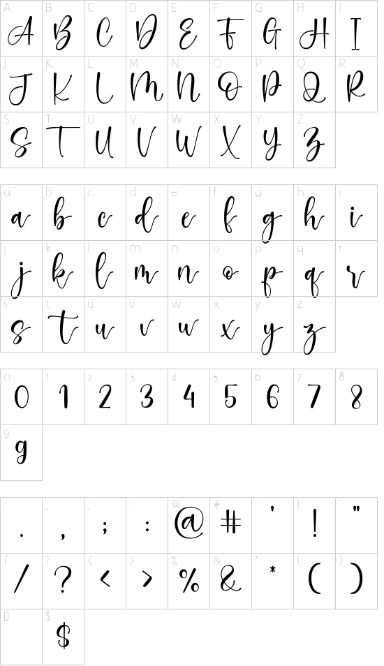 The Glowing Black Queen font character map