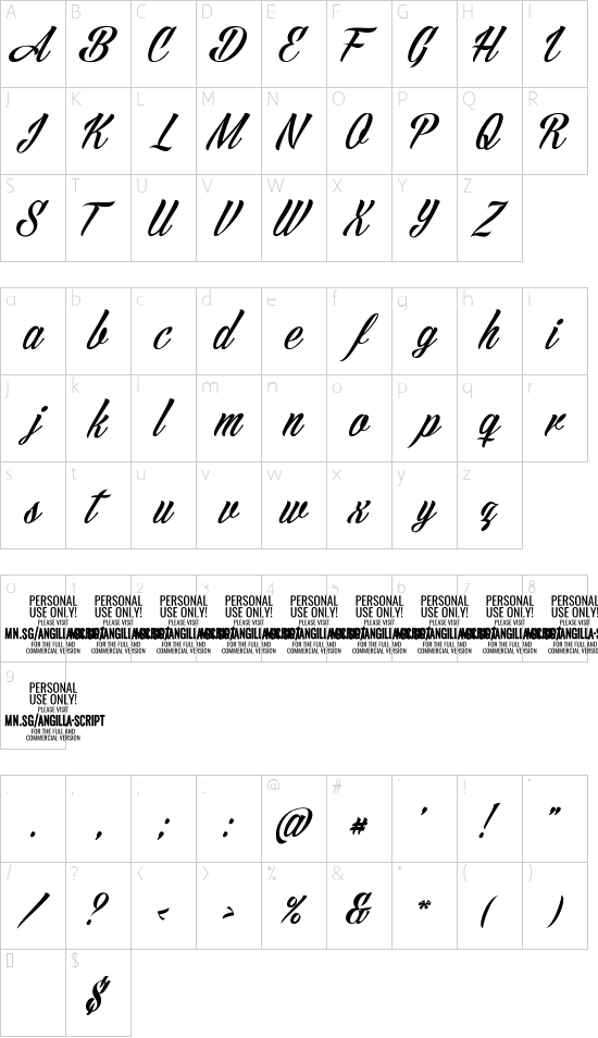 Angilla Script PERSONAL USE font character map