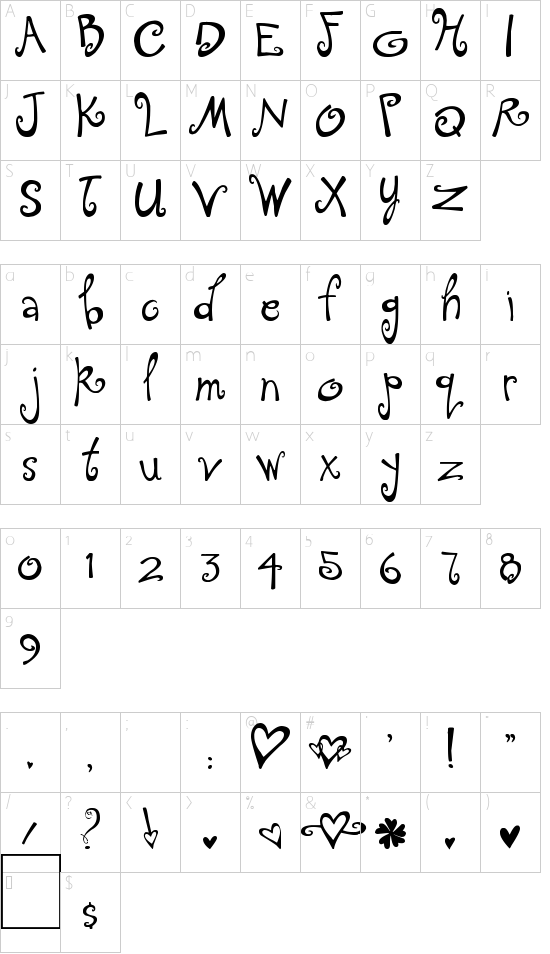 Tingle Institute font character map