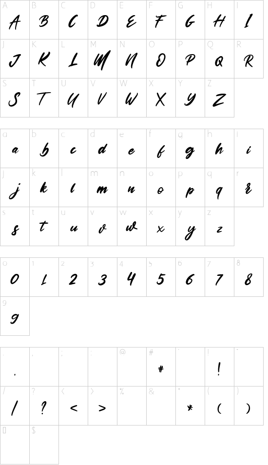 Emilia Regular font character map