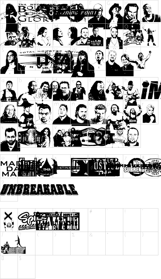 TNA Bound for Glory font character map