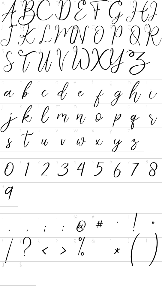 Angellyne font character map