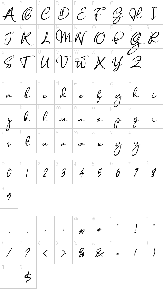 Anisha Italic font character map