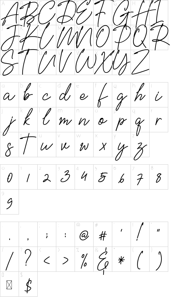 Bellisya Signature font character map