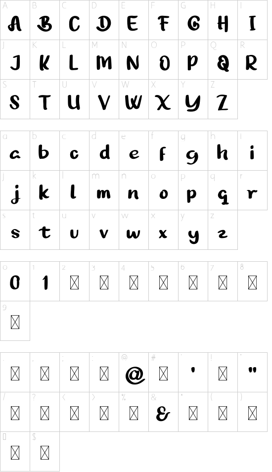Billarkdemo font character map