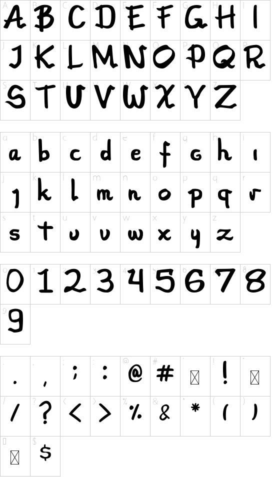 Bounjour font character map