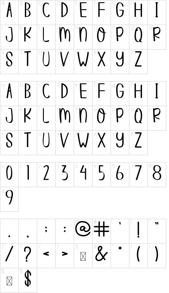 CARE SNOWBIE font character map