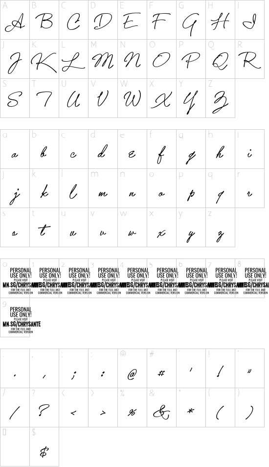 Chrysante PERSONAL USE Bold font character map