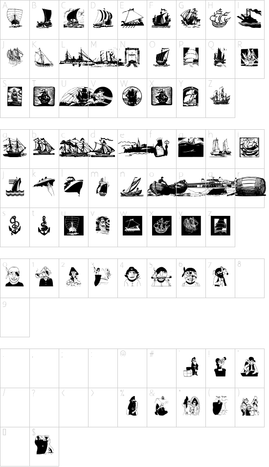 ShipsNBoats font character map