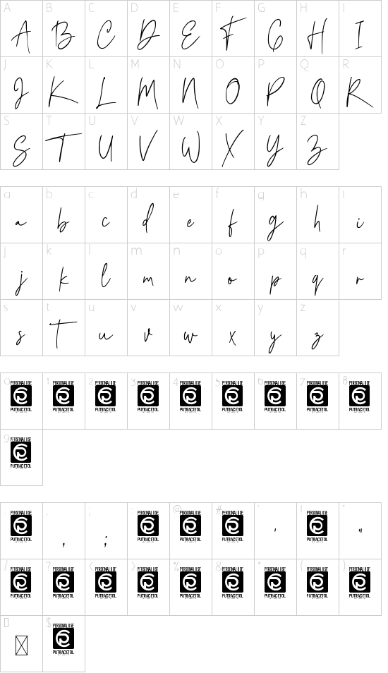 Florita Signature font character map