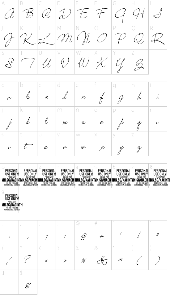 Nacinth PERSONAL USE Thin font character map