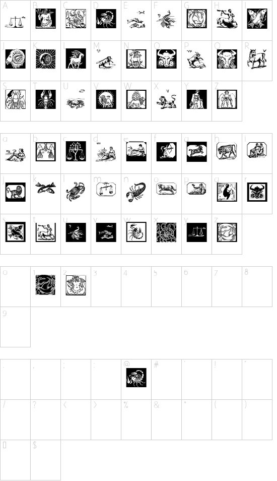 ZodiacsSignStars font character map