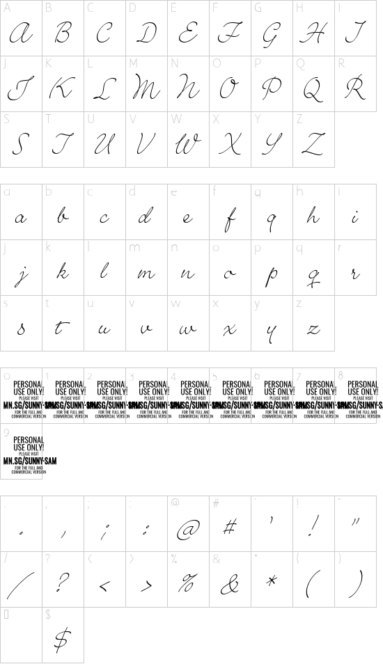 Sunny Sam PERSONAL Thin font character map