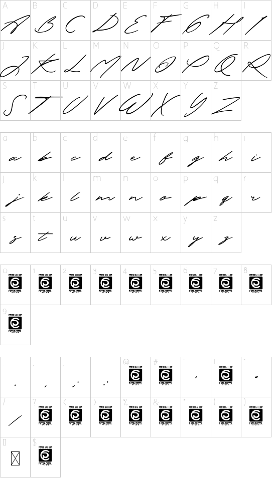The Excited font character map