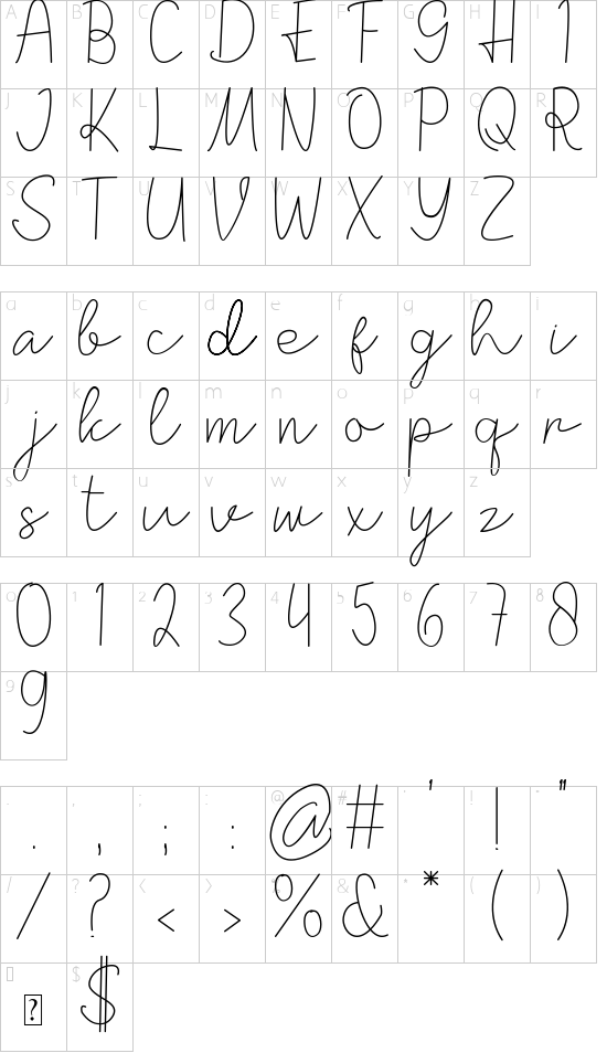 Zinnya font character map