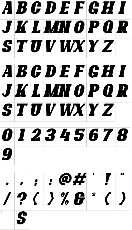 Bonaro Clean Italic Demo Clean Italic font character map