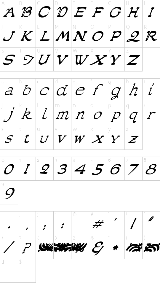 JMH Poudre Italic font character map