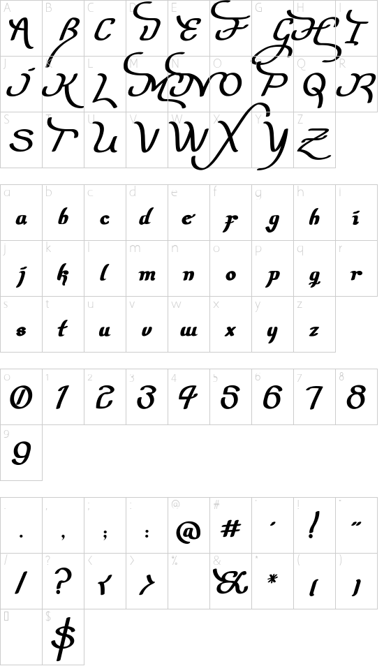 Auric Bold Italic font character map