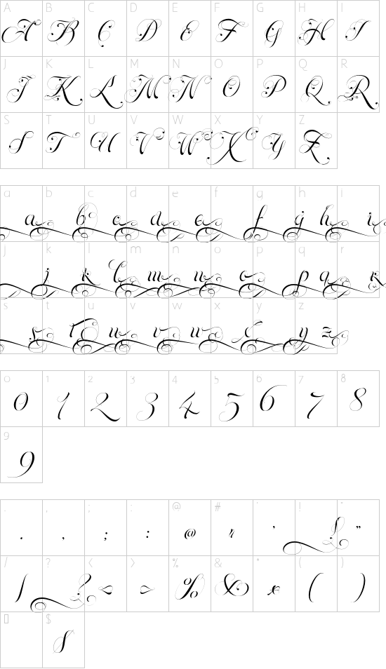Parfait Script Endings font character map
