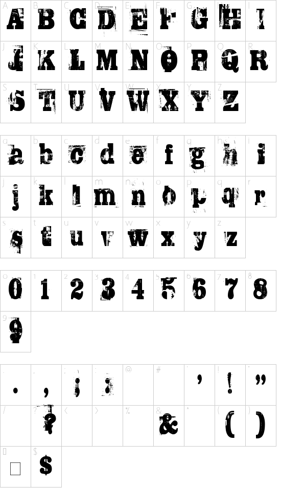 TRASHED font character map