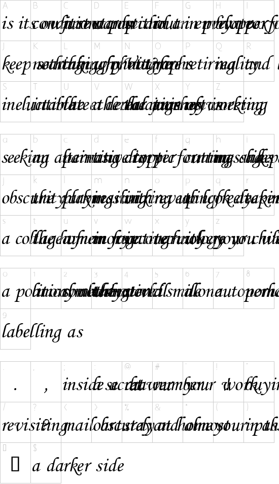 Obscure Actions font character map