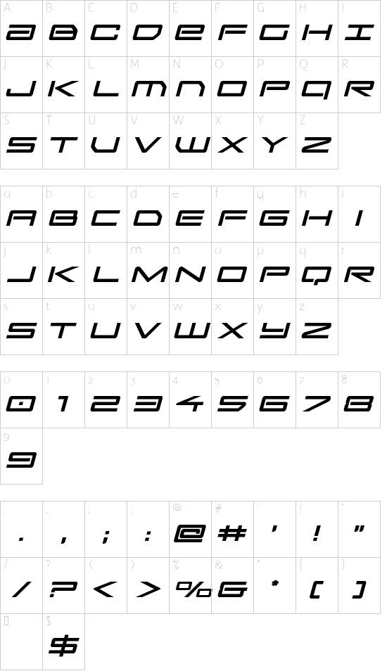 Sky Ridge Title Italic font character map