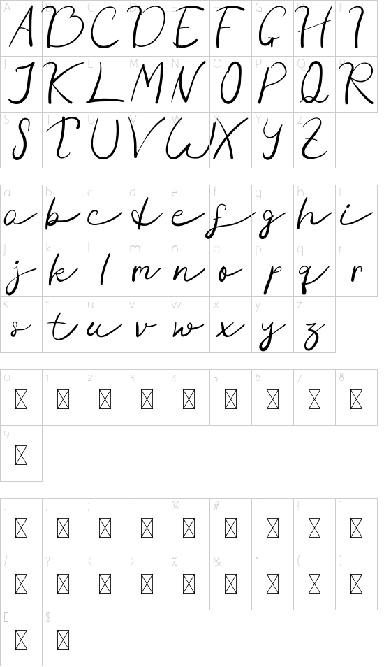 Shadow Over Demo font character map