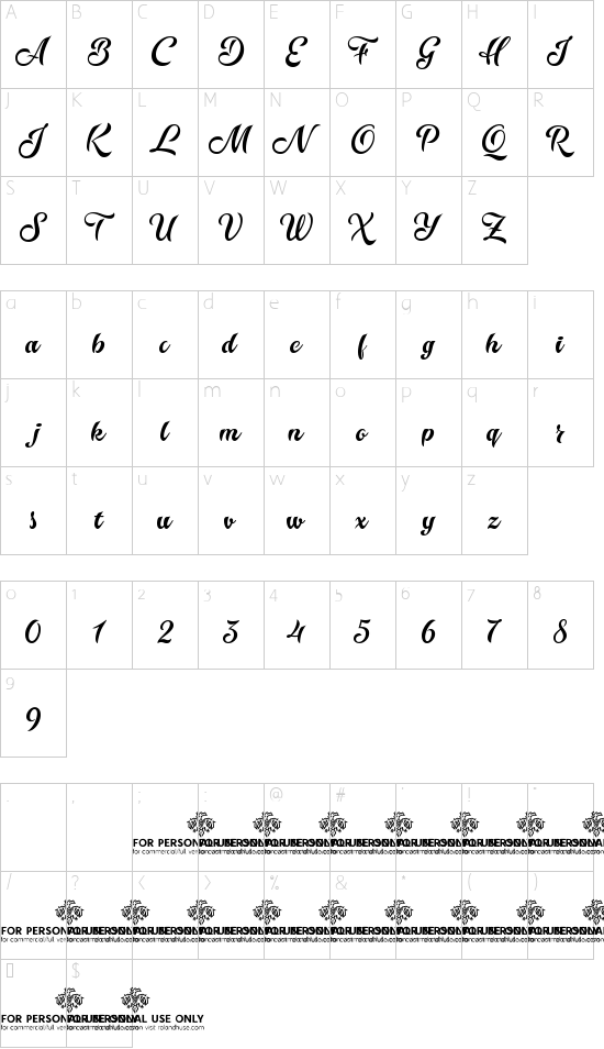 Karamell Demo font character map