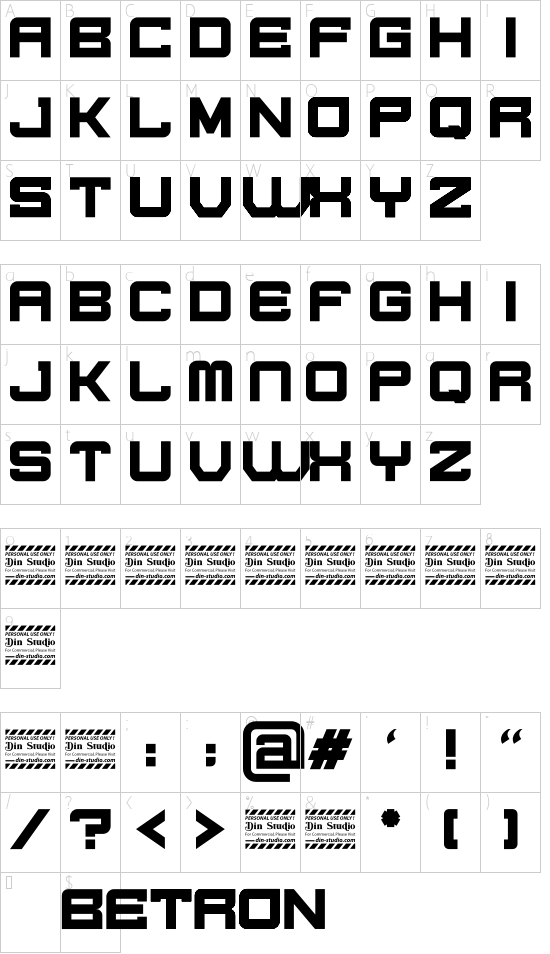 Betron Personal Use font character map