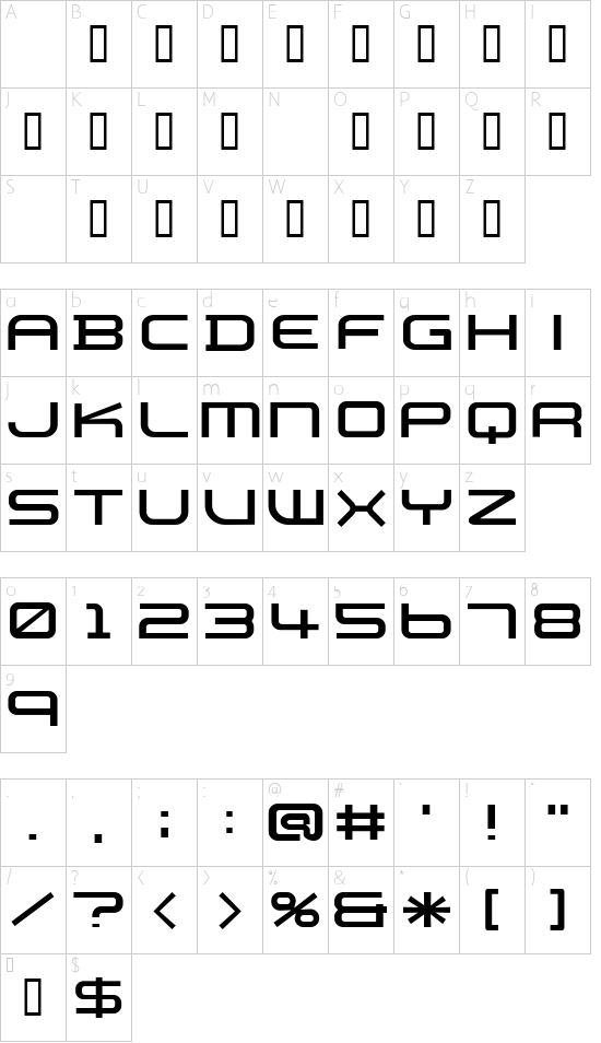 PB010 TRANSPORT X font character map