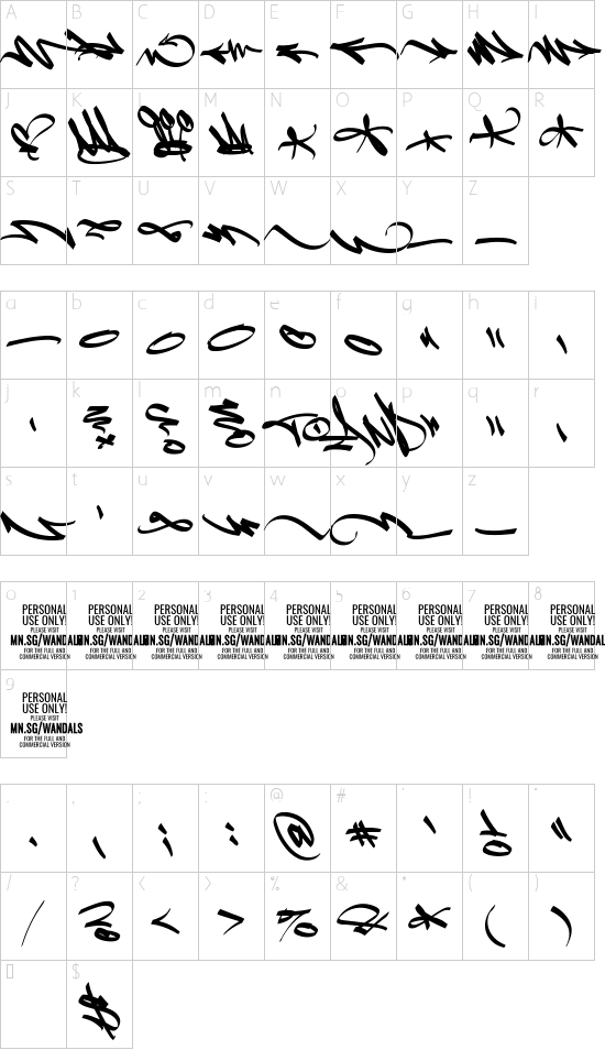 Slim Wandals Element PERSONAL font character map