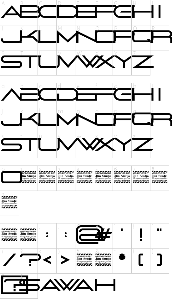 Sawah Personal Use font character map