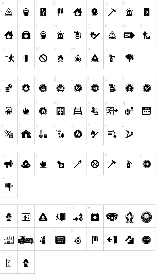 Fire Safety Icons font character map