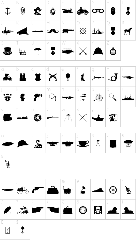 Steampunk font character map