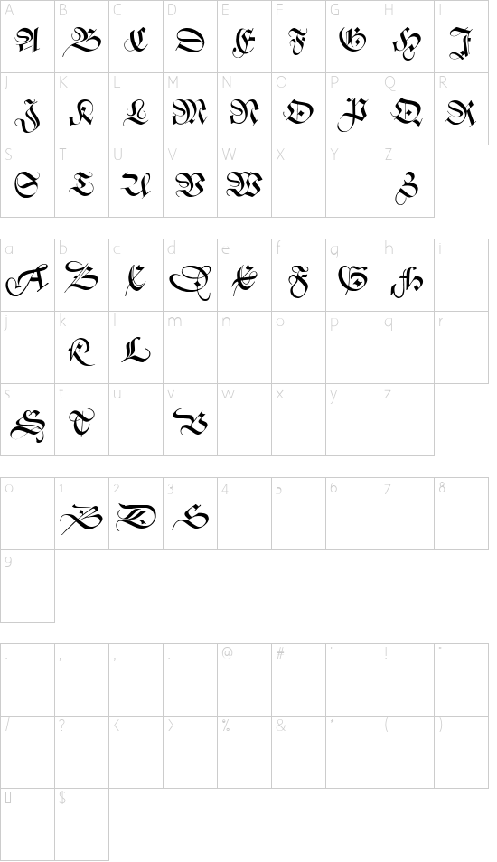 ZentenarZier font character map