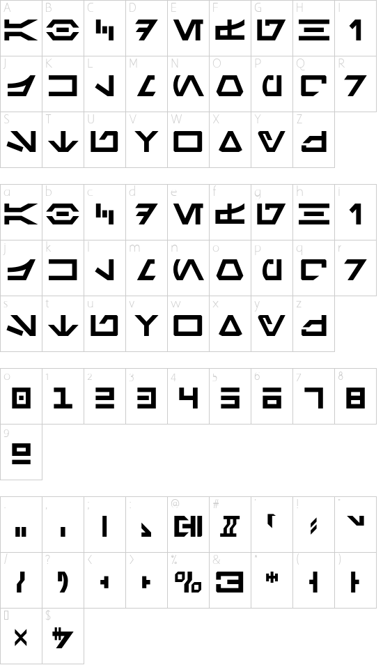 Aurebesh AF Canon font character map