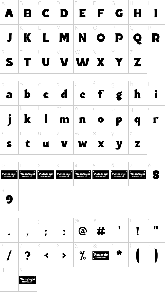 Antagonist - Personal Use font character map