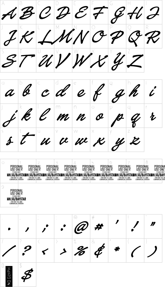 Baystar Script PERSONAL USE ONLY Bold PERSONAL USE ONLY font character map