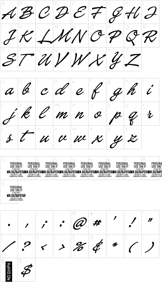 Baystar Script PERSONAL USE ONLY Medium PERSONAL USE ONLY font character map