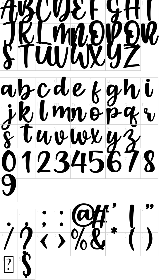Boendalove font character map