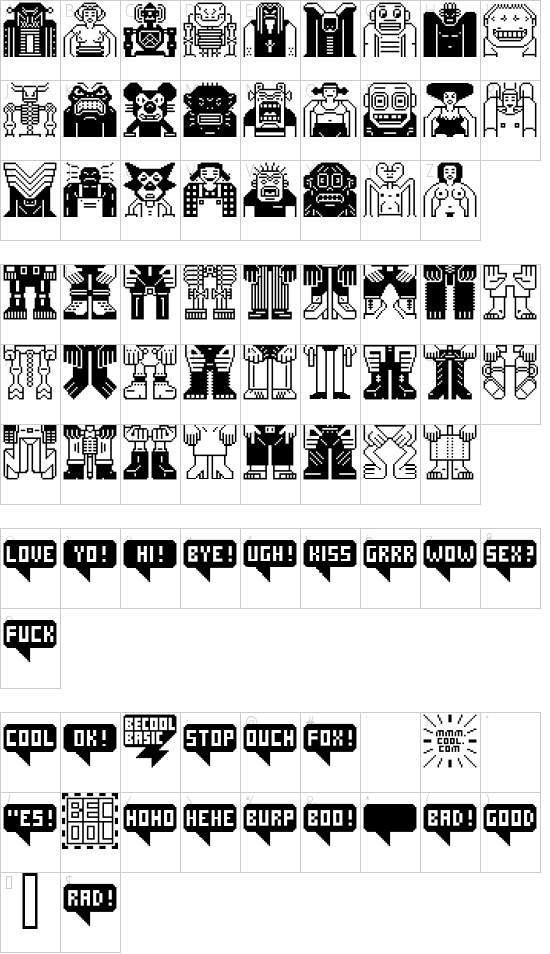 BECOOL font character map