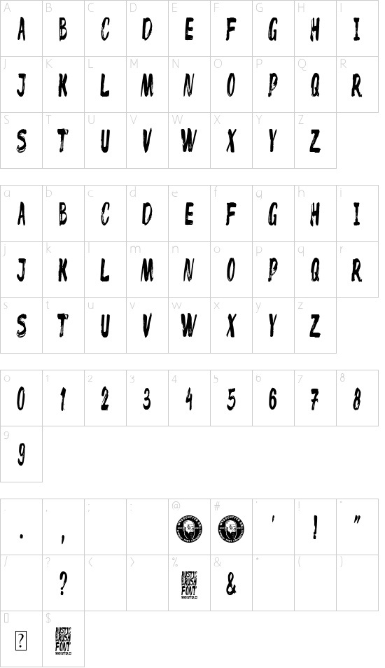 Rustic Brush font character map