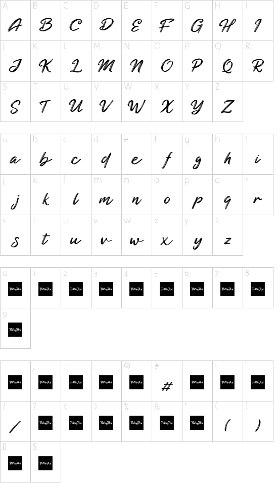 Blackened Script Demo font character map