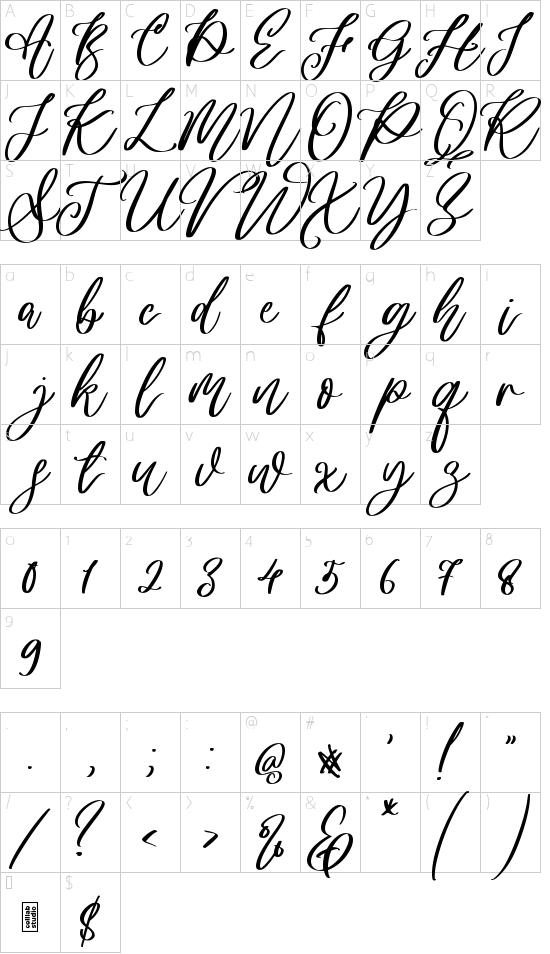 Angella Gardness font character map