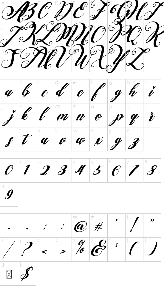 Falencia Italic font character map