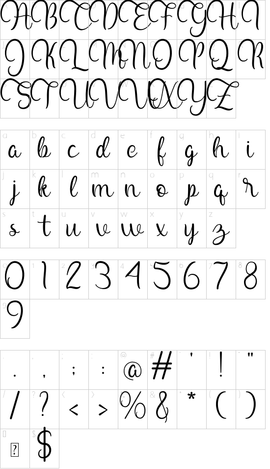 Mozarella font character map