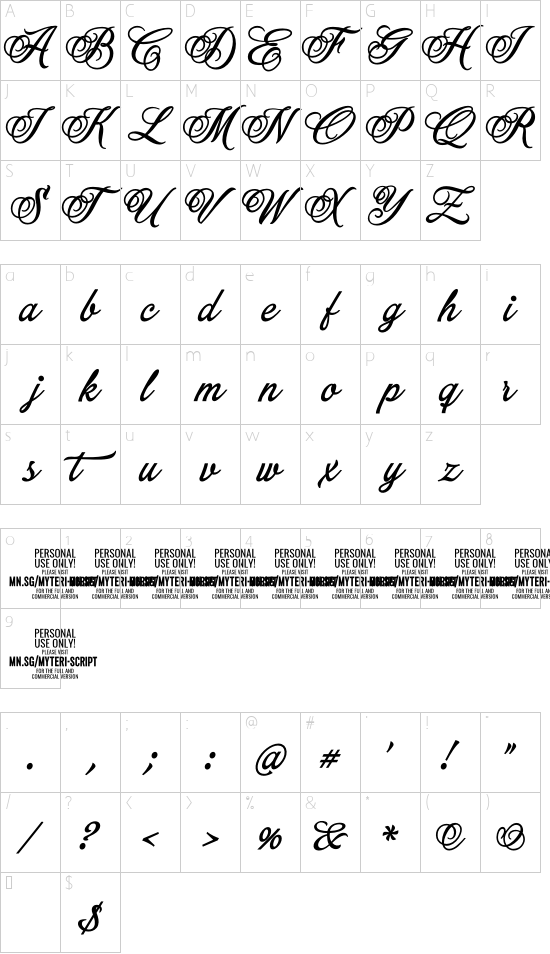 Myteri Script PERSONAL USE ONLY Bold PERSONAL USE ONLY font character map