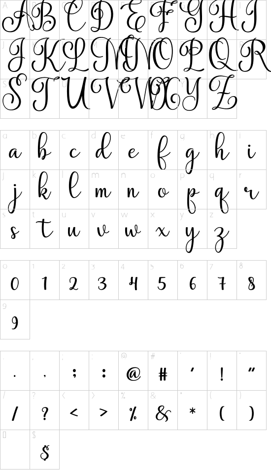 mysweet font character map