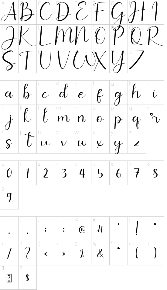 Amillina font character map