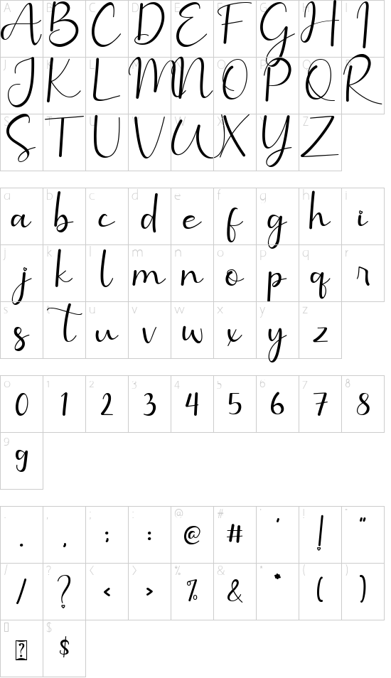 Benillia font character map